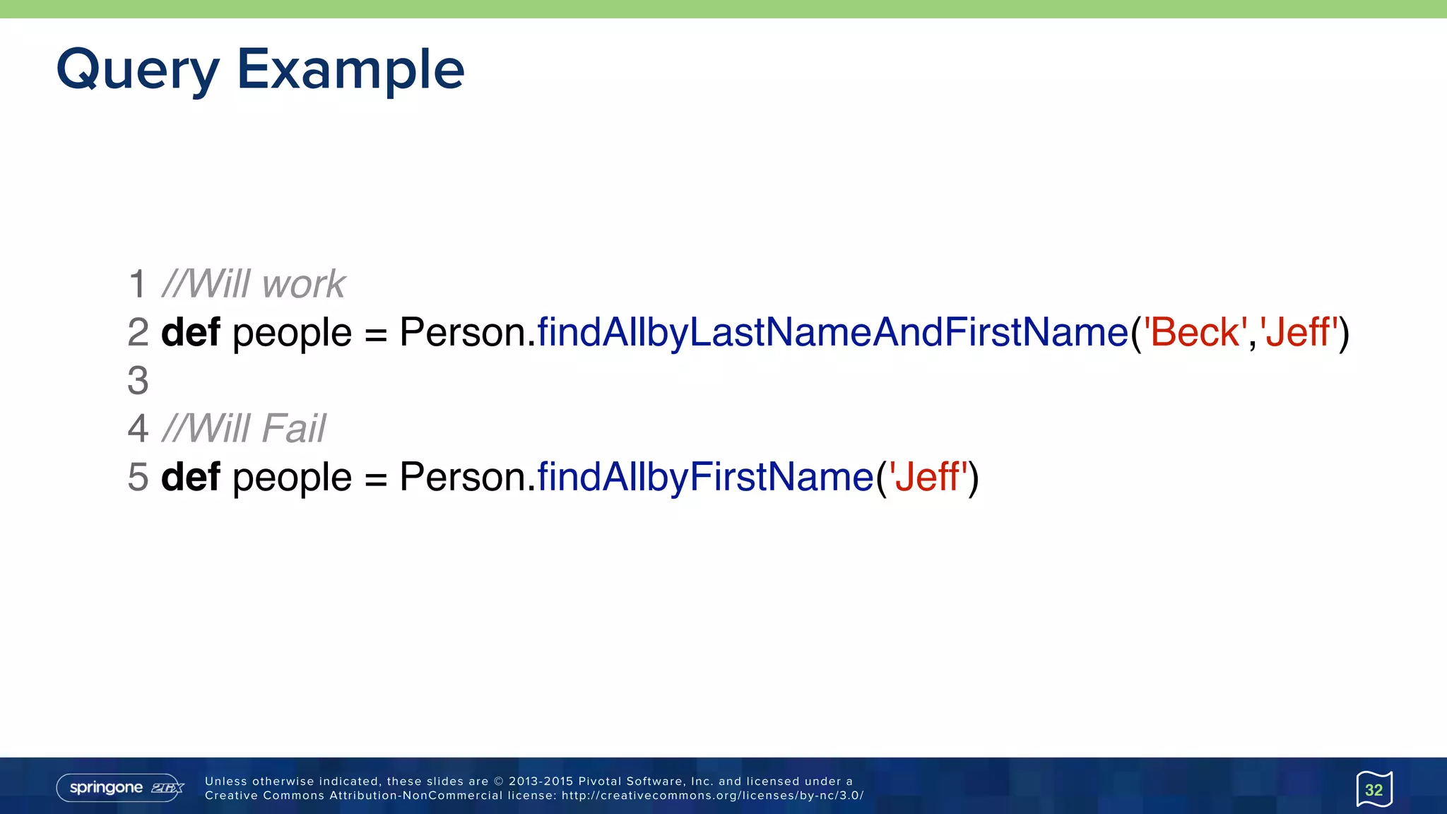 Unless otherwise indicated, these slides are © 2013-2015 Pivotal Software, Inc. and licensed under a 
Creative Commons Attribution-NonCommercial license: http://creativecommons.org/licenses/by-nc/3.0/
Query Example
32
1 //Will work
2 def people = Person.ﬁndAllbyLastNameAndFirstName('Beck','Jeff')
3
4 //Will Fail
5 def people = Person.ﬁndAllbyFirstName('Jeff')
 