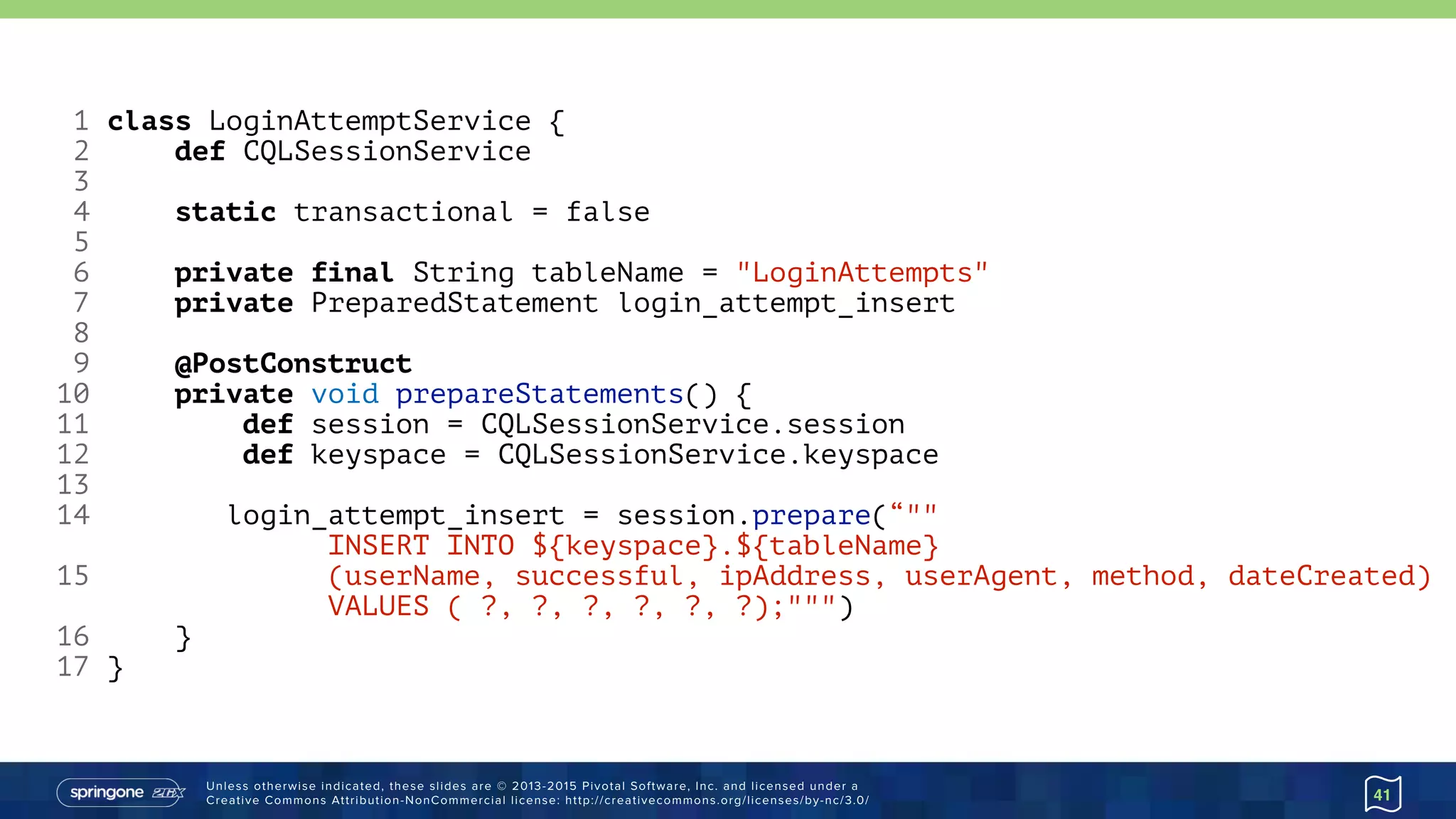 Unless otherwise indicated, these slides are © 2013-2015 Pivotal Software, Inc. and licensed under a 
Creative Commons Attribution-NonCommercial license: http://creativecommons.org/licenses/by-nc/3.0/ 41
1 class LoginAttemptService {
2 def CQLSessionService
3
4 static transactional = false
5
6 private final String tableName = "LoginAttempts"
7 private PreparedStatement login_attempt_insert
8
9 @PostConstruct
10 private void prepareStatements() {
11 def session = CQLSessionService.session
12 def keyspace = CQLSessionService.keyspace
13
14 login_attempt_insert = session.prepare(“""
INSERT INTO ${keyspace}.${tableName}
15 (userName, successful, ipAddress, userAgent, method, dateCreated)
VALUES ( ?, ?, ?, ?, ?, ?);""")
16 }
17 }
 