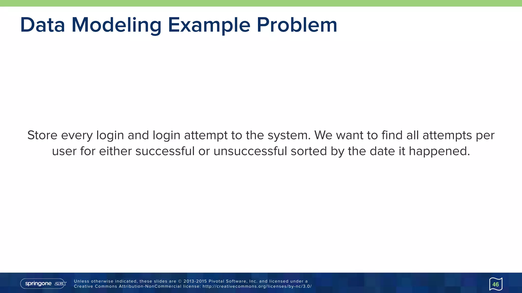 Unless otherwise indicated, these slides are © 2013-2015 Pivotal Software, Inc. and licensed under a 
Creative Commons Attribution-NonCommercial license: http://creativecommons.org/licenses/by-nc/3.0/
Data Modeling Example Problem
Store every login and login attempt to the system. We want to find all attempts per
user for either successful or unsuccessful sorted by the date it happened.
46
 
