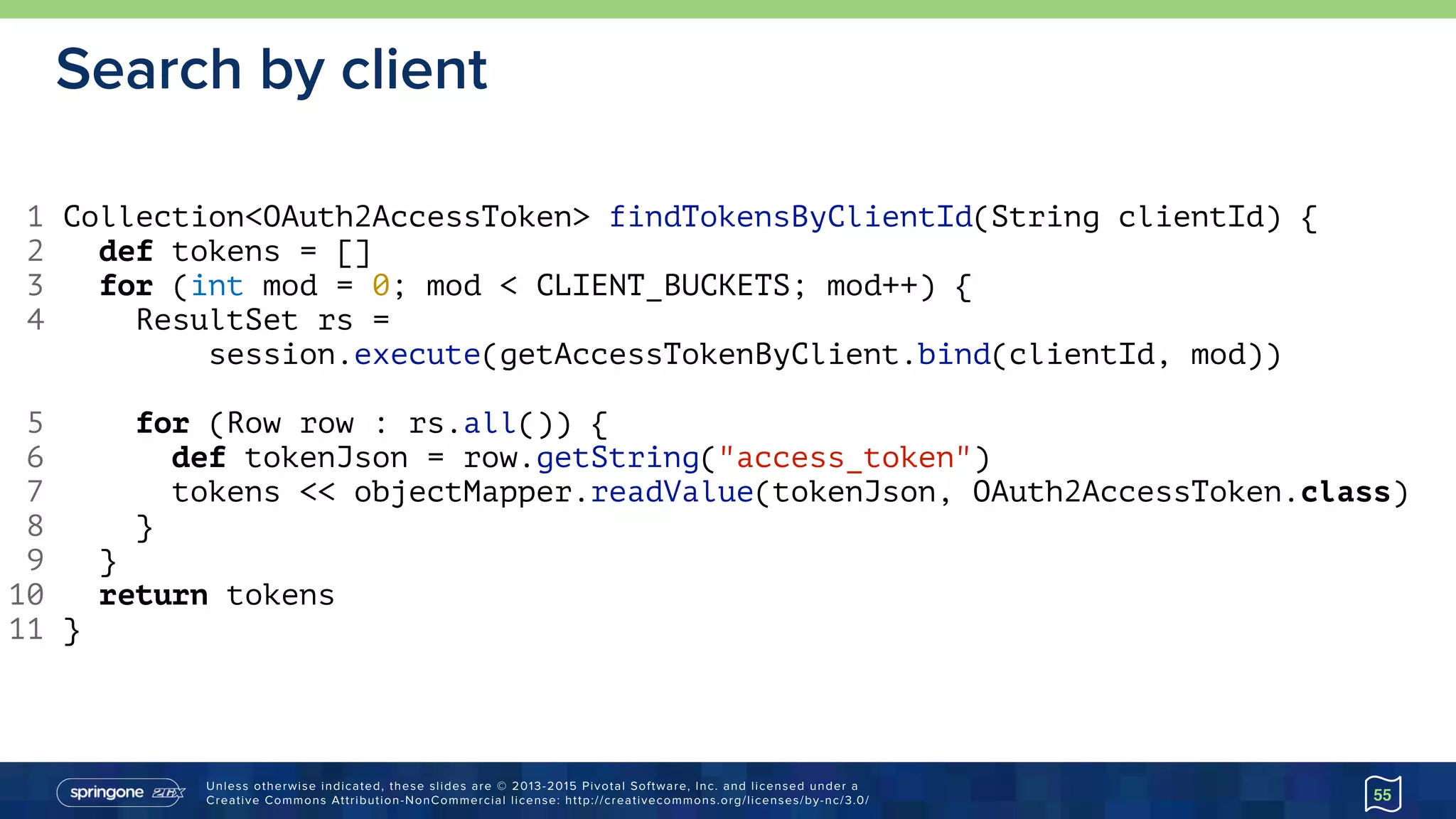 Unless otherwise indicated, these slides are © 2013-2015 Pivotal Software, Inc. and licensed under a 
Creative Commons Attribution-NonCommercial license: http://creativecommons.org/licenses/by-nc/3.0/
Search by client
55
1 Collection<OAuth2AccessToken> findTokensByClientId(String clientId) {
2 def tokens = []
3 for (int mod = 0; mod < CLIENT_BUCKETS; mod++) {
4 ResultSet rs =
session.execute(getAccessTokenByClient.bind(clientId, mod))
5 for (Row row : rs.all()) {
6 def tokenJson = row.getString("access_token")
7 tokens << objectMapper.readValue(tokenJson, OAuth2AccessToken.class)
8 }
9 }
10 return tokens
11 }
 