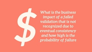 $
What is the business
impact of a failed
validation that is not
recognized due to
eventual consistency
and how high is the
probability of failure
 