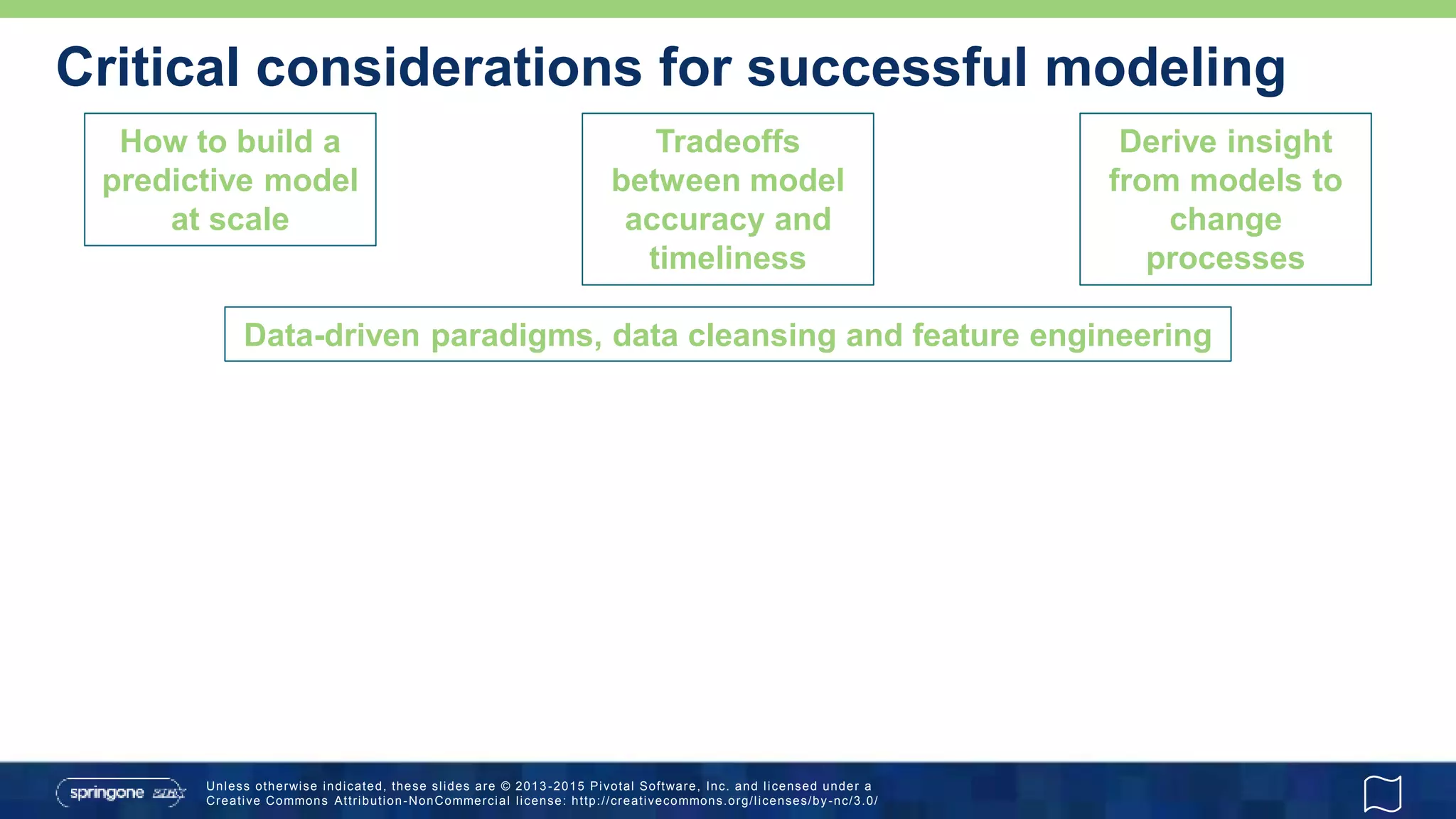 Unless otherwise indicated, these slides are © 2013 -2015 Pivotal Software, Inc. and licensed under a
Creative Commons Attribution-NonCommercial license: http://creativecommons.org/licenses/by-nc/3.0/
Critical considerations for successful modeling
How to build a
predictive model
at scale
Data-driven paradigms, data cleansing and feature engineering
Derive insight
from models to
change
processes
Tradeoffs
between model
accuracy and
timeliness
 