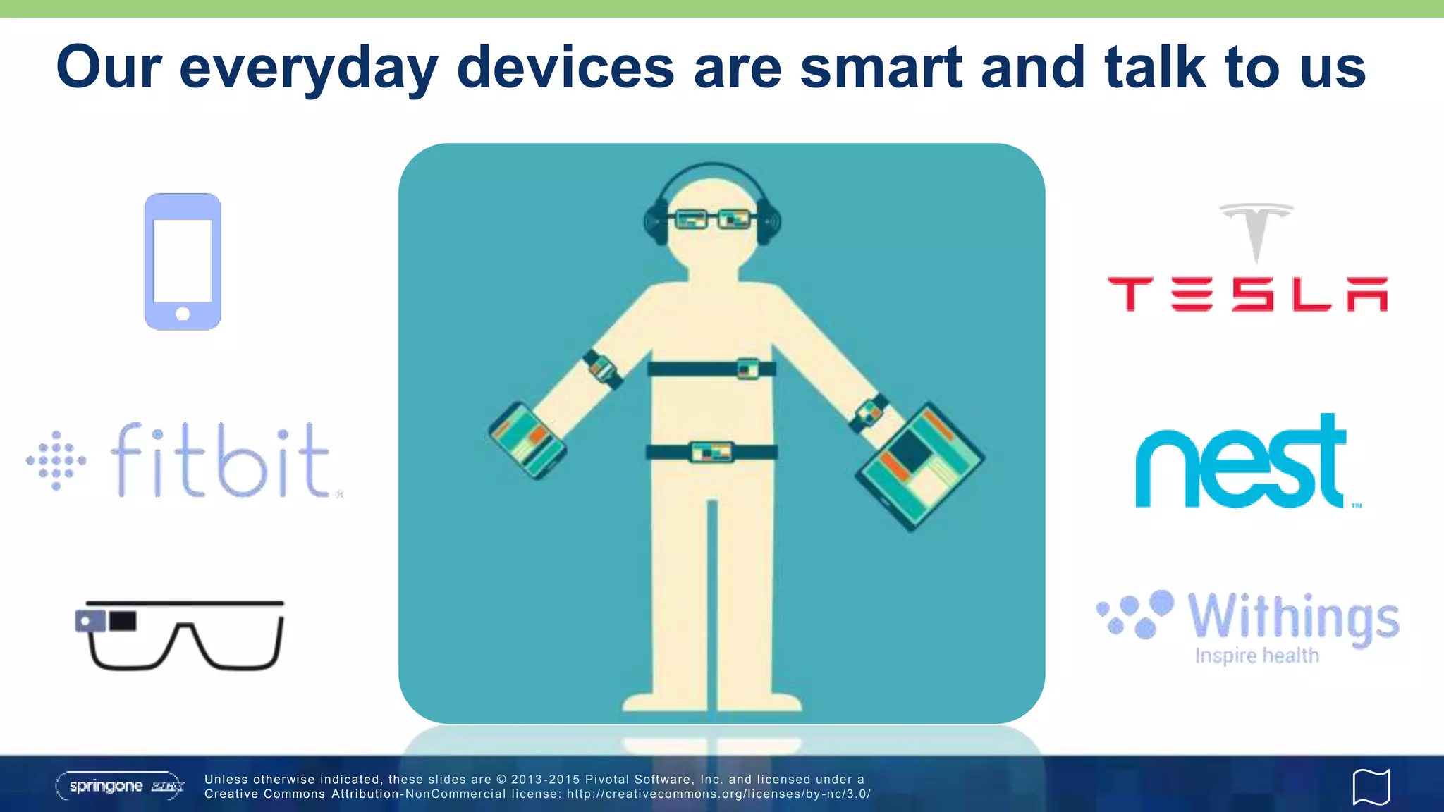 Unless otherwise indicated, these slides are © 2013 -2015 Pivotal Software, Inc. and licensed under a
Creative Commons Attribution-NonCommercial license: http://creativecommons.org/licenses/by-nc/3.0/
Our everyday devices are smart and talk to us
 