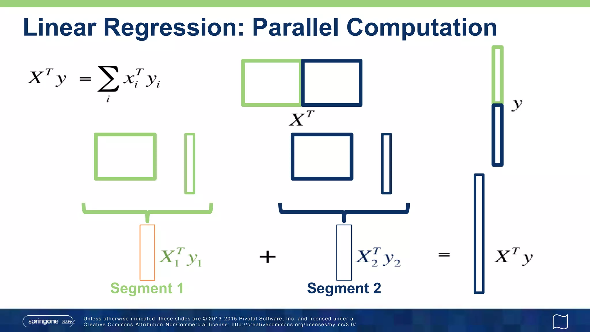 Unless otherwise indicated, these slides are © 2013 -2015 Pivotal Software, Inc. and licensed under a
Creative Commons Attribution-NonCommercial license: http://creativecommons.org/licenses/by-nc/3.0/
Linear Regression: Parallel Computation
Segment 1 Segment 2
 