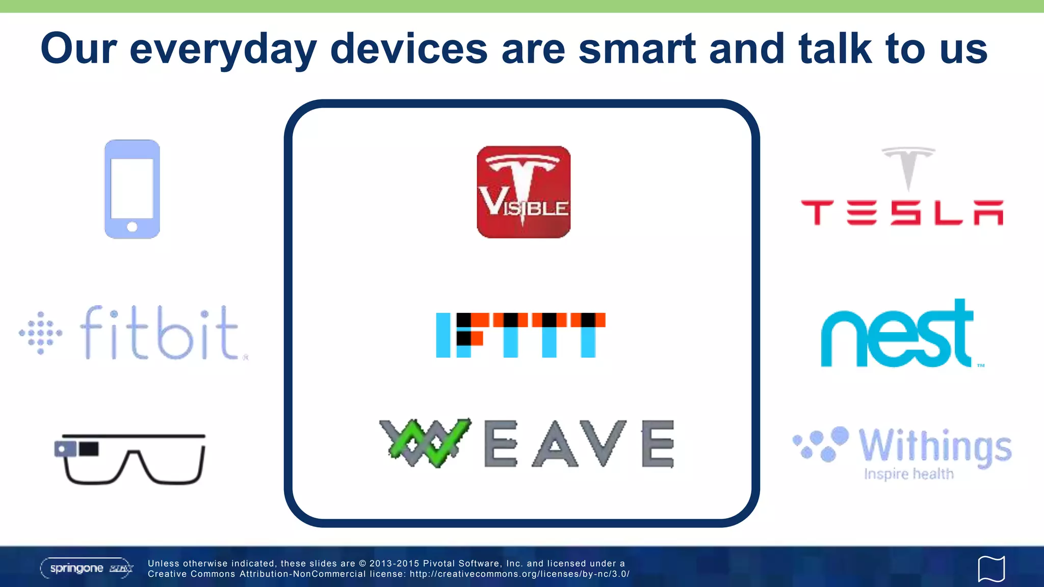Unless otherwise indicated, these slides are © 2013 -2015 Pivotal Software, Inc. and licensed under a
Creative Commons Attribution-NonCommercial license: http://creativecommons.org/licenses/by-nc/3.0/
Our everyday devices are smart and talk to us
 