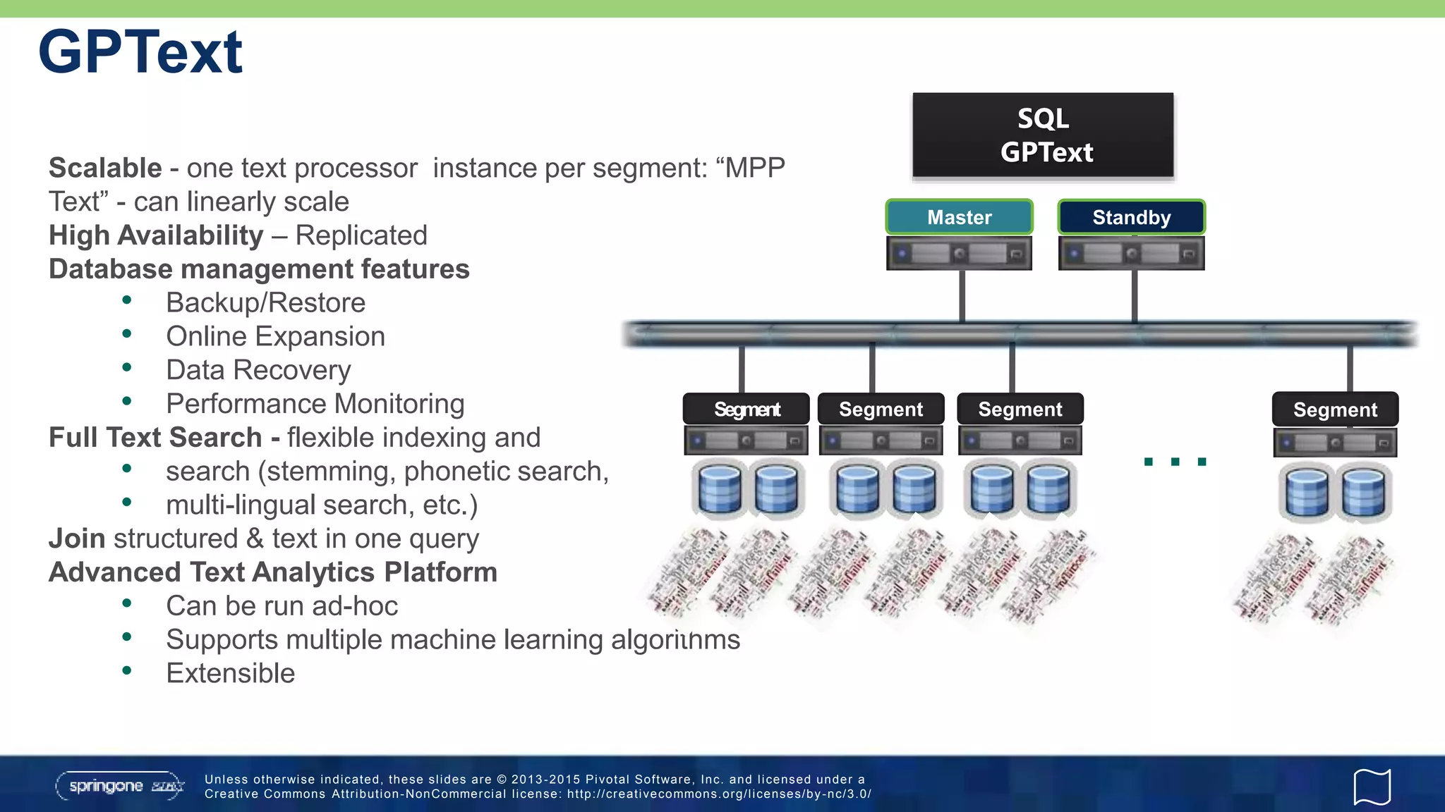 Unless otherwise indicated, these slides are © 2013 -2015 Pivotal Software, Inc. and licensed under a
Creative Commons Attribution-NonCommercial license: http://creativecommons.org/licenses/by-nc/3.0/
GPText
Standby
SegmentSegment Segment Segment
…
Master
SQL
GPText
Scalable - one text processor instance per segment: “MPP
Text” - can linearly scale
High Availability – Replicated
Database management features
• Backup/Restore
• Online Expansion
• Data Recovery
• Performance Monitoring
Full Text Search - flexible indexing and
• search (stemming, phonetic search,
• multi-lingual search, etc.)
Join structured & text in one query
Advanced Text Analytics Platform
• Can be run ad-hoc
• Supports multiple machine learning algorithms
• Extensible
 