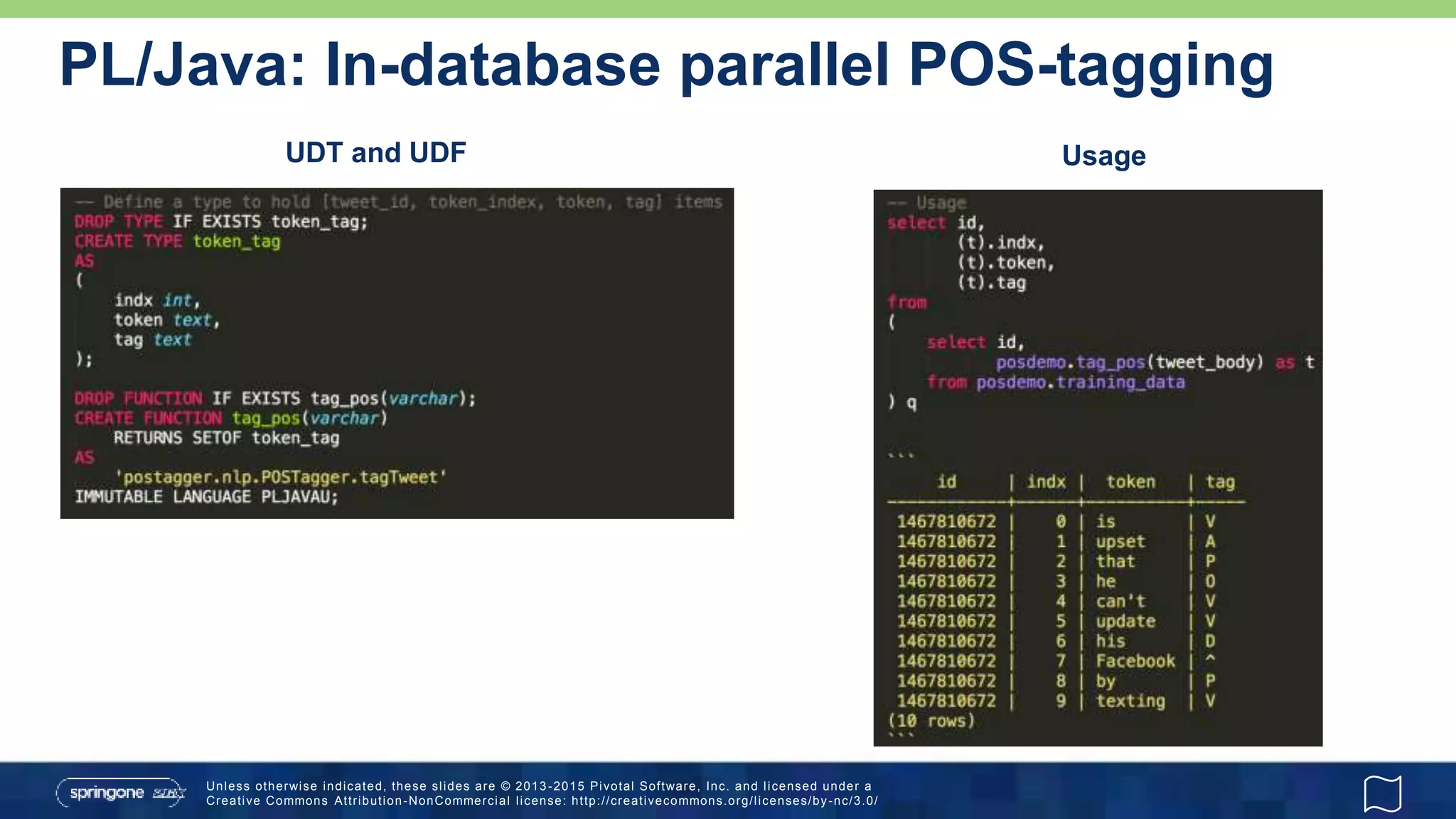 Unless otherwise indicated, these slides are © 2013 -2015 Pivotal Software, Inc. and licensed under a
Creative Commons Attribution-NonCommercial license: http://creativecommons.org/licenses/by-nc/3.0/
PL/Java: In-database parallel POS-tagging
UDT and UDF Usage
 