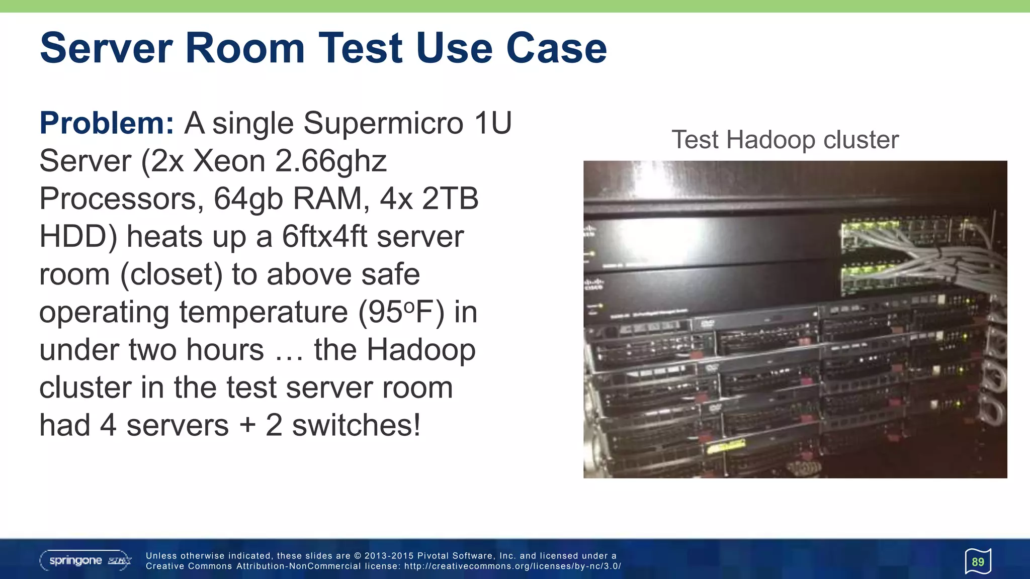 Unless otherwise indicated, these slides are © 2013 -2015 Pivotal Software, Inc. and licensed under a
Creative Commons Attribution-NonCommercial license: http://creativecommons.org/licenses/by-nc/3.0/
Server Room Test Use Case
Problem: A single Supermicro 1U
Server (2x Xeon 2.66ghz
Processors, 64gb RAM, 4x 2TB
HDD) heats up a 6ftx4ft server
room (closet) to above safe
operating temperature (95oF) in
under two hours … the Hadoop
cluster in the test server room
had 4 servers + 2 switches!
89
Test Hadoop cluster
 