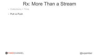 THIRDCHANNEL @svpember
Rx: More Than a Stream
• Collections + Time
• Pull vs Push
 