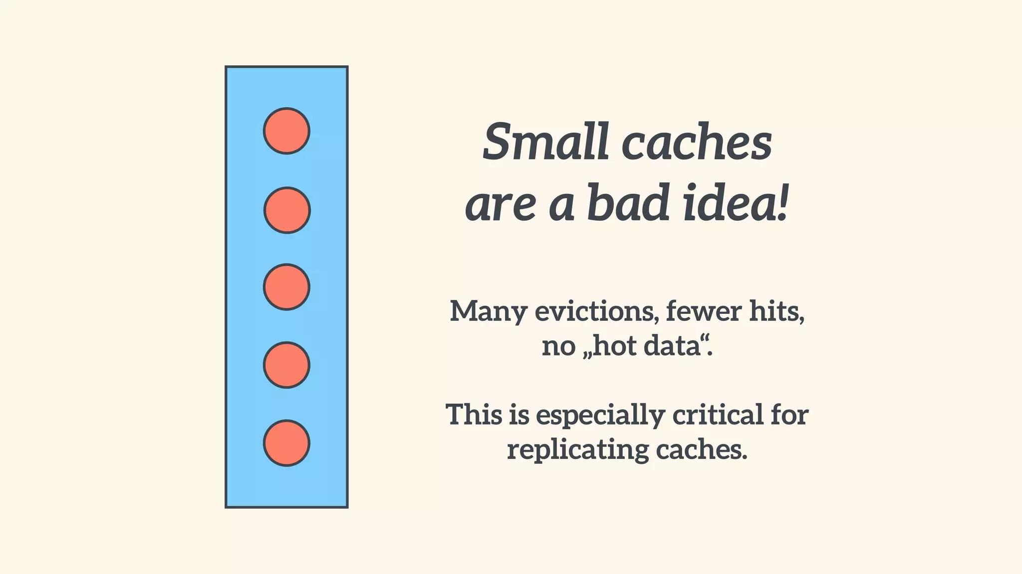 Small caches 
are a bad idea! 
" 
Many evictions, fewer hits, 
no „hot data“. 
This is especially critical for 
replicating caches. 
 