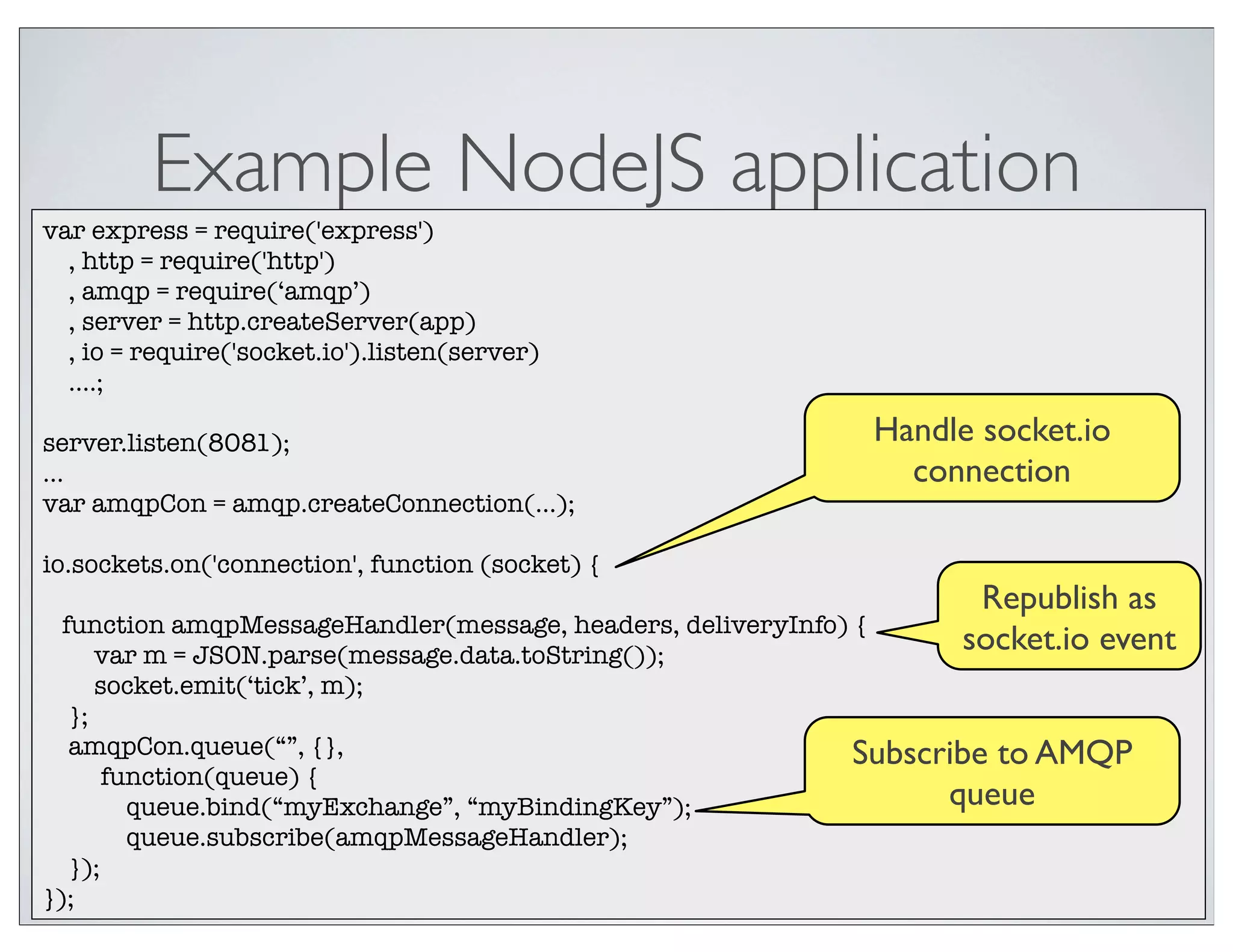 Example NodeJS application
var express = require('express')
  , http = require('http')
  , amqp = require(‘amqp’)
  , server = http.createServer(app)
  , io = require('socket.io').listen(server)
  ....;

server.listen(8081);                                        Handle socket.io
...                                                           connection
var amqpCon = amqp.createConnection(...);

io.sockets.on('connection', function (socket) {
                                                                   Republish as
  function amqpMessageHandler(message, headers, deliveryInfo) {
      var m = JSON.parse(message.data.toString());
                                                                  socket.io event
      socket.emit(‘tick’, m);
   };
   amqpCon.queue(“”, {},                                      Subscribe to AMQP
       function(queue) {
         queue.bind(“myExchange”, “myBindingKey”);                  queue
         queue.subscribe(amqpMessageHandler);
   });
});
 