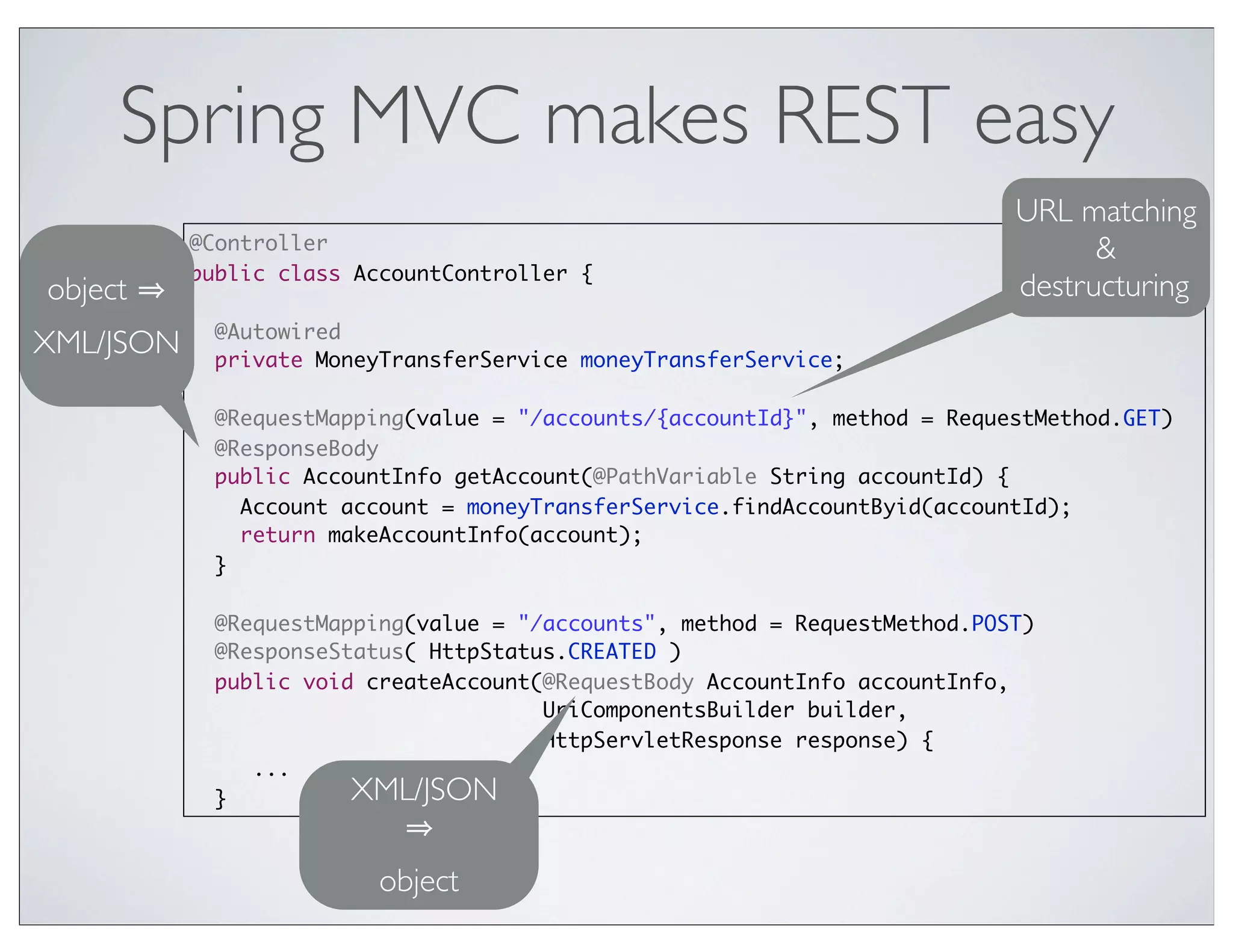 Spring MVC makes REST easy
                                                                            URL matching
           @Controller                                                            &
           public class AccountController {
object                                                                      destructuring
             @Autowired
XML/JSON     private MoneyTransferService moneyTransferService;

             @RequestMapping(value = "/accounts/{accountId}", method = RequestMethod.GET)
             @ResponseBody
             public AccountInfo getAccount(@PathVariable String accountId) {
               Account account = moneyTransferService.findAccountByid(accountId);
               return makeAccountInfo(account);
             }

             @RequestMapping(value = "/accounts", method = RequestMethod.POST)
             @ResponseStatus( HttpStatus.CREATED )
             public void createAccount(@RequestBody AccountInfo accountInfo,
                                       UriComponentsBuilder builder,
                                       HttpServletResponse response) {
                ...
             }          XML/JSON

                          object
 