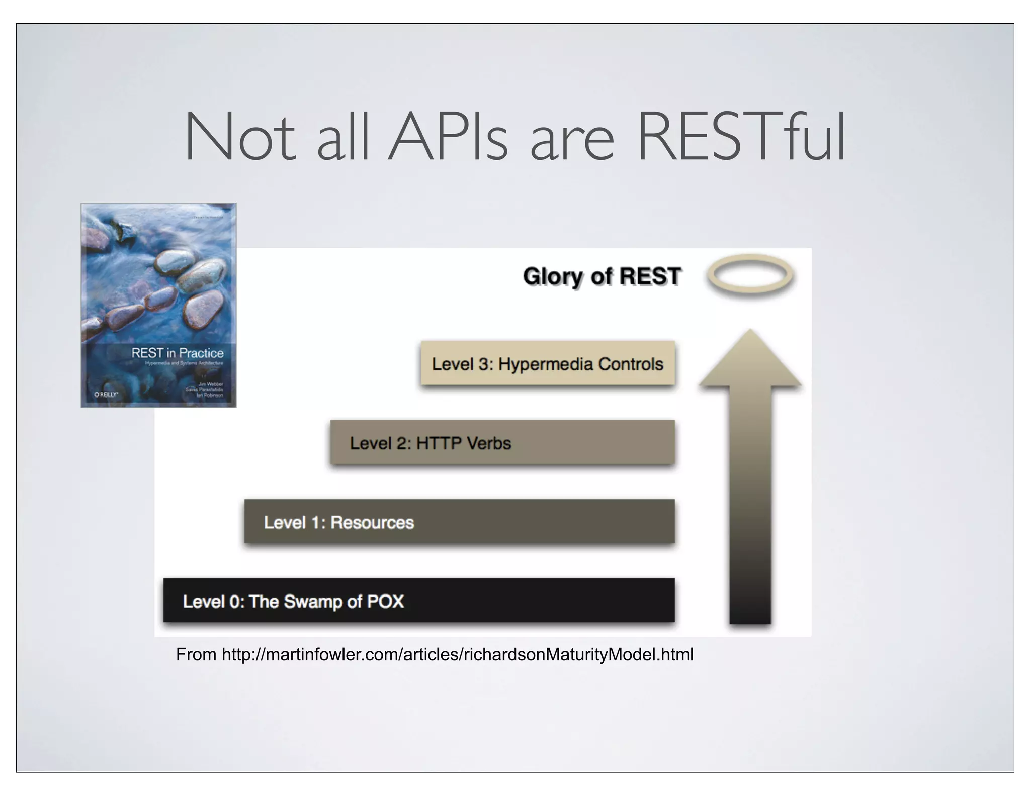 Not all APIs are RESTful




From http://martinfowler.com/articles/richardsonMaturityModel.html
 
