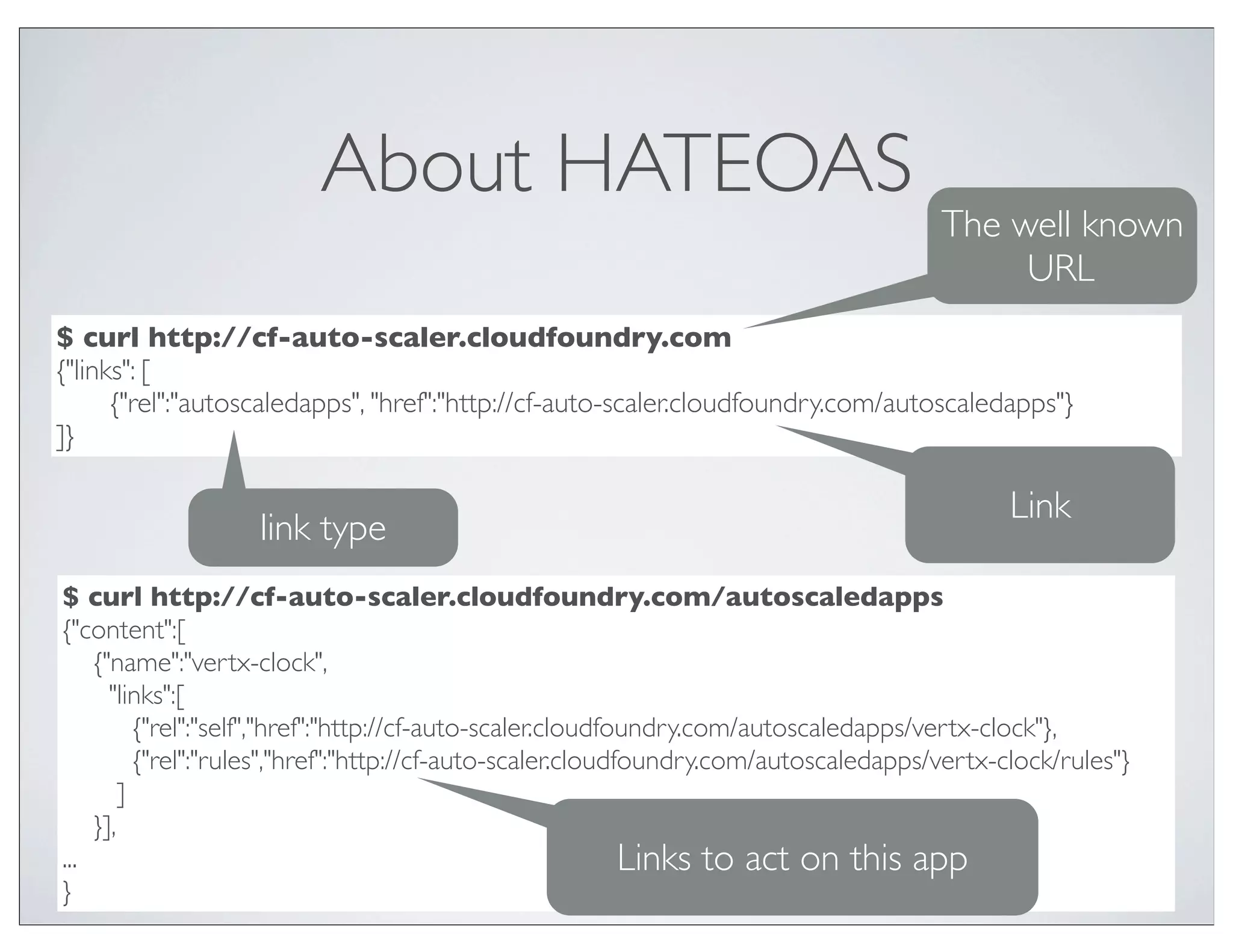 About HATEOAS
                                                                                       The well known
                                                                                            URL
$ curl http://cf-auto-scaler.cloudfoundry.com
{"links": [
	

   {"rel":"autoscaledapps", "href":"http://cf-auto-scaler.cloudfoundry.com/autoscaledapps"}
]}

                                                                                              Link
                   link type
$ curl http://cf-auto-scaler.cloudfoundry.com/autoscaledapps
{"content":[
    {"name":"vertx-clock",
      "links":[
          {"rel":"self","href":"http://cf-auto-scaler.cloudfoundry.com/autoscaledapps/vertx-clock"},
          {"rel":"rules","href":"http://cf-auto-scaler.cloudfoundry.com/autoscaledapps/vertx-clock/rules"}
        ]
    }],
...                                                          Links to act on this app
}
 