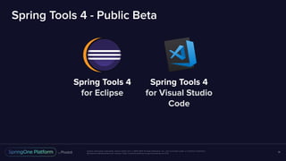 Unless otherwise indicated, these slides are © 2013-2017 Pivotal Software, Inc. and licensed under a Creative Commons
Attribution-NonCommercial license: http://creativecommons.org/licenses/by-nc/3.0/
Spring Tools 4 - Public Beta
14
Spring Tools 4
for Visual Studio
Code
Spring Tools 4
for Eclipse
 