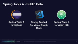 Unless otherwise indicated, these slides are © 2013-2017 Pivotal Software, Inc. and licensed under a Creative Commons
Attribution-NonCommercial license: http://creativecommons.org/licenses/by-nc/3.0/
Spring Tools 4 - Public Beta
15
Spring Tools 4
for Eclipse
Spring Tools 4
for Visual Studio
Code
Spring Tools 4
for Atom IDE
 