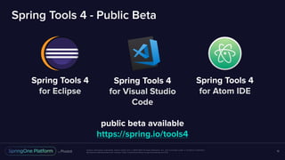 Unless otherwise indicated, these slides are © 2013-2017 Pivotal Software, Inc. and licensed under a Creative Commons
Attribution-NonCommercial license: http://creativecommons.org/licenses/by-nc/3.0/
Spring Tools 4 - Public Beta
16
public beta available
https://spring.io/tools4
Spring Tools 4
for Eclipse
Spring Tools 4
for Visual Studio
Code
Spring Tools 4
for Atom IDE
 
