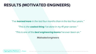 Unless otherwise indicated, these slides are © 2013-2019 Pivotal Software, Inc. and licensed under a Creative Commons Attribution-NonCommerc ial license: http://creativecommons .or g/licenses/ by-nc/3.0/
“I’ve learned more in the last four months than in the last four years.”
“This is the coolest thing I've done in my 41 year career.”
“This is one of the best engineering teams I've ever been on.“
Motivated engineers
RESULTS (MOTIVATED ENGINEERS)
 
