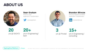 Unless otherwise indicated, these slides are © 2013-2019 Pivotal Software, Inc. and licensed under a Creative Commons Attribution-NonCommerc ial license: http://creativecommons .or g/licenses/ by-nc/3.0/
Sean Graham
Practice Lead
Application Transformation
20
yrs @ DICK’S
20+
yrs in Engineering /
tech
Brandon Blincoe
Advisory Solutions Architect
Application Transformation
3
yrs @ Pivotal
15+
yrs in Engineering /
consulting
@seangraham brandonblincoe
ABOUT US
 