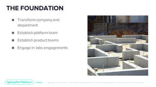Unless otherwise indicated, these slides are © 2013-2019 Pivotal Software, Inc. and licensed under a Creative Commons Attribution-NonCommerc ial license: http://creativecommons .or g/licenses/ by-nc/3.0/
THE FOUNDATION
● Transformcompany and
department
● Establish platformteam
● Establish product teams
● Engage in labs engagements
 