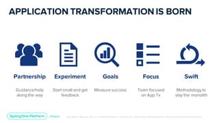 Unless otherwise indicated, these slides are © 2013-2019 Pivotal Software, Inc. and licensed under a Creative Commons Attribution-NonCommerc ial license: http://creativecommons .or g/licenses/ by-nc/3.0/
APPLICATION TRANSFORMATION IS BORN
Partnership
Guidance/help
along the way
Experiment
Start small and get
feedback
Goals
Measure success
Focus
Team focused
on App Tx
Swift
Methodology to
slay the monolith
 