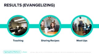 Unless otherwise indicated, these slides are © 2013-2019 Pivotal Software, Inc. and licensed under a Creative Commons Attribution-NonCommerc ial license: http://creativecommons .or g/licenses/ by-nc/3.0/
RESULTS (EVANGELIZING)
Teaching Sharing Recipes Meet Ups
 