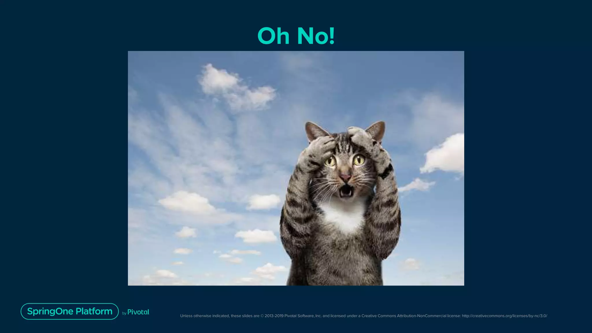 Unless otherwise indicated, these slides are © 2013-2019 Pivotal Software, Inc. and licensed under a Creative Commons Attribution-NonCommercial license: http://creativecommons.org/licenses/by-nc/3.0/
Oh No!
 