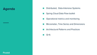 Agenda ■ Distributed, Data-Intensive Systems
■ Spring Cloud Data Flow toolkit
■ Operational metrics and monitoring
■ Micro...