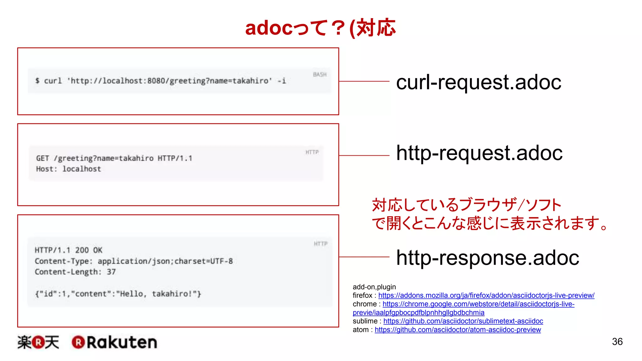 adocって？
36
[source,bash]
----
$ curl 'http://localhost:8080/greeting?name=takahiro' –I
----
[source,http]
----
GET /greeting?name=takahiro HTTP/1.1Host: localhost
----
[source,http]
----
HTTP/1.1 200 OK
Content-Type: application/json;charset=UTF-8
Content-Length: 37
{"id":1,"content":"Hello, takahiro!”}
----
curl-request.adoc
http-request.adoc
http-response.adoc
adocを直接開くとこんな感じです。
 