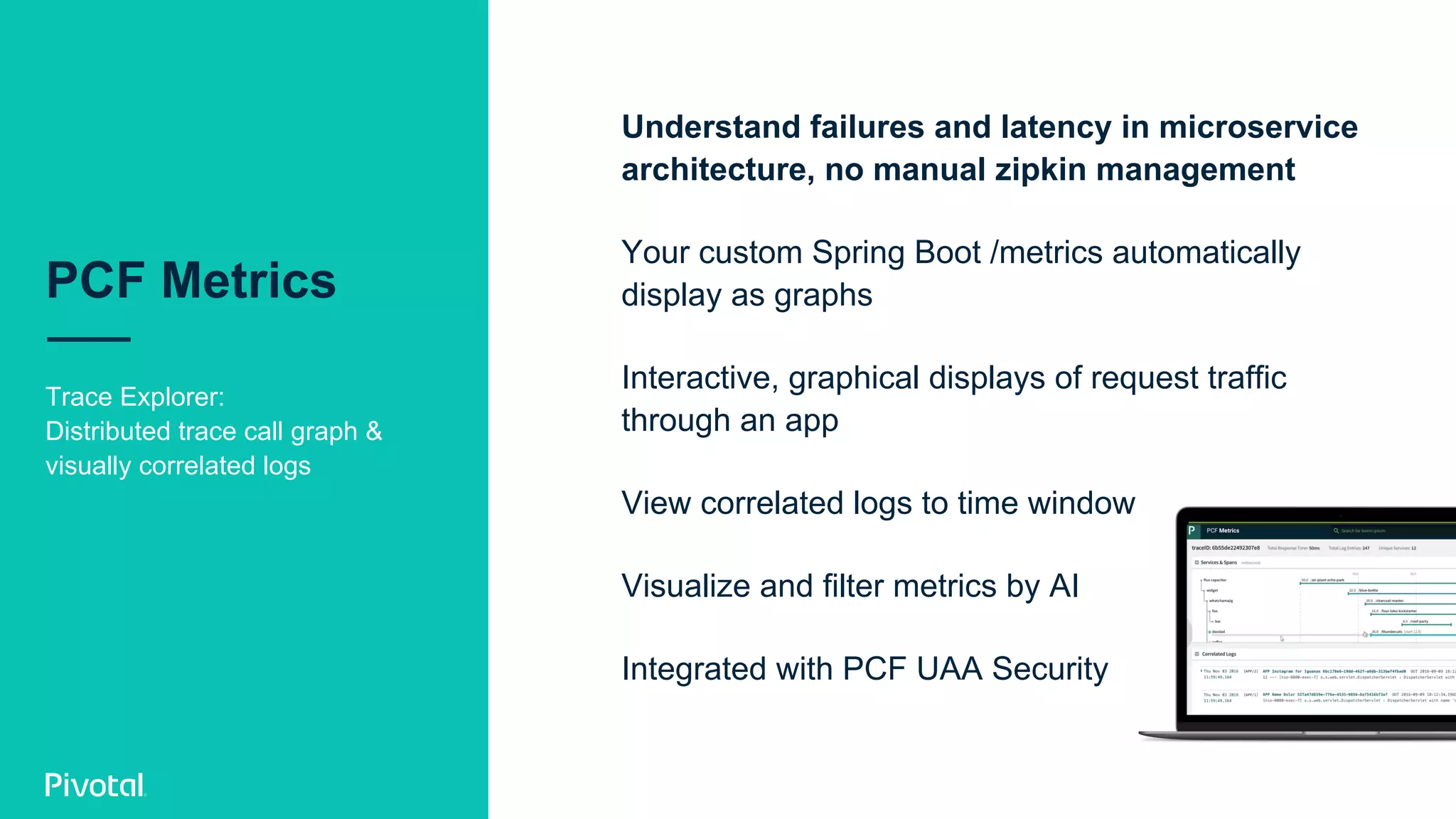 PCF Metrics
Trace Explorer:
Distributed trace call graph &
visually correlated logs
Understand failures and latency in microservice
architecture, no manual zipkin management
Your custom Spring Boot /metrics automatically
display as graphs
Interactive, graphical displays of request traffic
through an app
View correlated logs to time window
Visualize and filter metrics by AI
Integrated with PCF UAA Security
 
