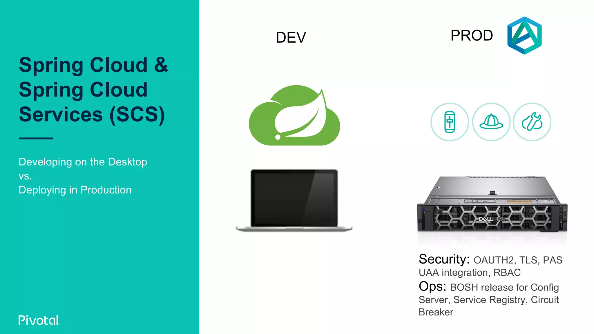 Spring Cloud &
Spring Cloud
Services (SCS)
Developing on the Desktop
vs.
Deploying in Production
DEV PROD
Security: OAUTH2, TLS, PAS
UAA integration, RBAC
Ops: BOSH release for Config
Server, Service Registry, Circuit
Breaker
 