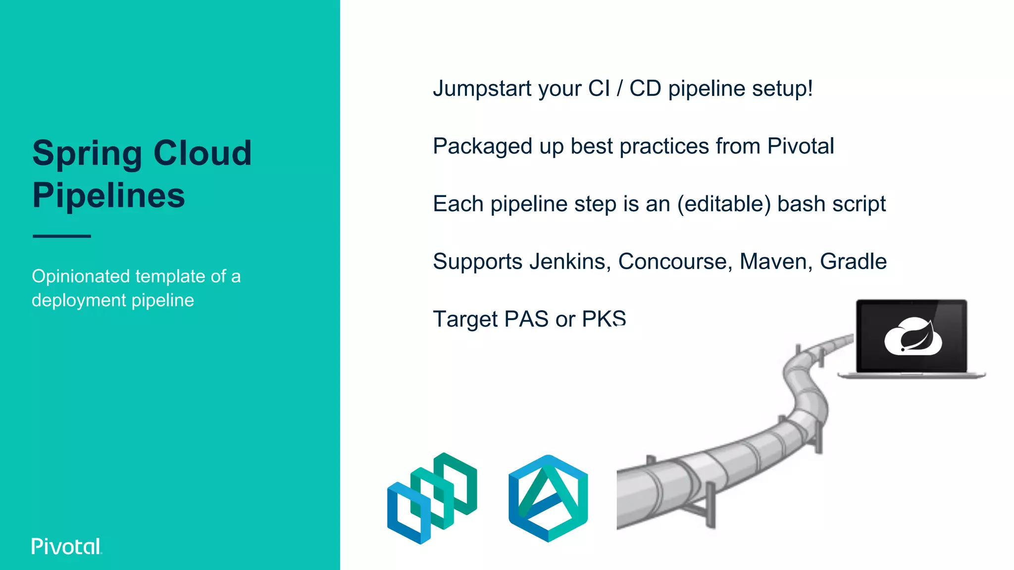 Spring Cloud
Pipelines
Opinionated template of a
deployment pipeline
Jumpstart your CI / CD pipeline setup!
Packaged up best practices from Pivotal
Each pipeline step is an (editable) bash script
Supports Jenkins, Concourse, Maven, Gradle
Target PAS or PKS
 