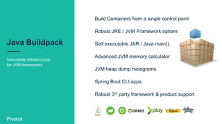 Java Buildpack
Immutable Infrastructure
for JVM frameworks
Build Containers from a single control point
Robust JRE / JVM Framework options
Self executable JAR / Java main()
Advanced JVM memory calculator
JVM heap dump histograms
Spring Boot CLI apps
Robust 3rd party framework & product support
 
