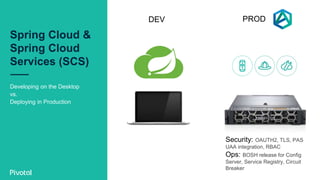 Spring Cloud &
Spring Cloud
Services (SCS)
Developing on the Desktop
vs.
Deploying in Production
DEV PROD
Security: OAUTH2, TLS, PAS
UAA integration, RBAC
Ops: BOSH release for Config
Server, Service Registry, Circuit
Breaker
 