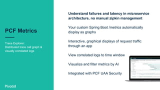 PCF Metrics
Trace Explorer:
Distributed trace call graph &
visually correlated logs
Understand failures and latency in microservice
architecture, no manual zipkin management
Your custom Spring Boot /metrics automatically
display as graphs
Interactive, graphical displays of request traffic
through an app
View correlated logs to time window
Visualize and filter metrics by AI
Integrated with PCF UAA Security
 