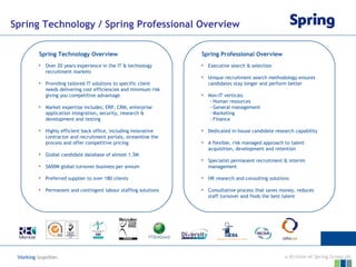 Spring Technology / Spring Professional Overview Spring Technology Overview Spring Professional Overview Over 20 years experience in the IT & technology recruitment markets Providing tailored IT solutions to specific client needs delivering cost efficiencies and minimum risk giving you competitive advantage Market expertise includes; ERP, CRM, enterprise application integration, security, research & development and testing Highly efficient back office, including innovative contractor and recruitment portals, streamline the process and offer competitive pricing Global candidate database of almost 1.5M $600M global turnover business per annum Preferred supplier to over 180 clients Permanent and contingent labour staffing solutions Executive search & selection Unique recruitment search methodology ensures candidates stay longer and perform better Non-IT verticals   - Human resources   - General management   - Marketing   - Finance Dedicated in-house candidate research capability A flexible, risk managed approach to talent acquisition, development and retention Specialist permanent recruitment & interim management HR research and consulting solutions Consultative process that saves money, reduces staff turnover and finds the best talent 