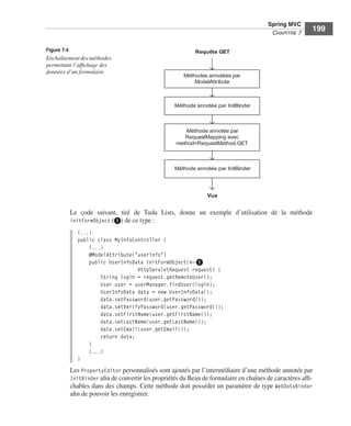 Spring Livre Page 199 Lundi, 15. juin 2009 5:57 17




                                                                                                        Spring MVC
                                                                                                         CHAPITRE 7
                                                                                                                         199

               Figure 7-4                                                   Requête GET
               Enchaînement des méthodes
               permettant l’afﬁchage des
               données d’un formulaire
                                                                        Méthodes annotées par
                                                                            ModelAttribute



                                                                    Méthode annotée par InitBinder



                                                                        Méthode annotée par
                                                                        RequestMapping avec
                                                                     method=RequestMethod.GET



                                                                    Méthode annotée par InitBinder




                                                                                 Vue


                            Le code suivant, tiré de Tudu Lists, donne un exemple d’utilisation de la méthode
                            initFormObject (ᕡ) de ce type :
                               (...)
                               public class MyInfoController {
                                   (...)
                                   @ModelAttribute("userinfo")
                                   public UserInfoData initFormObject(←ᕡ
                                                    HttpServletRequest request) {
                                       String login = request.getRemoteUser();
                                       User user = userManager.findUser(login);
                                       UserInfoData data = new UserInfoData();
                                       data.setPassword(user.getPassword());
                                       data.setVerifyPassword(user.getPassword());
                                       data.setFirstName(user.getFirstName());
                                       data.setLastName(user.getLastName());
                                       data.setEmail(user.getEmail());
                                       return data;
                                   }
                                   (...)
                               }
                            Les PropertyEditor personnalisés sont ajoutés par l’intermédiaire d’une méthode annotée par
                            InitBinder aﬁn de convertir les propriétés du Bean de formulaire en chaînes de caractères afﬁ-
                            chables dans des champs. Cette méthode doit posséder un paramètre de type WebDataBinder
                            aﬁn de pouvoir les enregistrer.
 