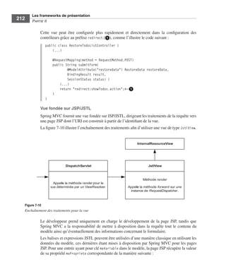Spring Livre Page 212 Lundi, 15. juin 2009 5:57 17




                 Les frameworks de présentation
     212         PARTIE II


                        Cette vue peut être conﬁgurée plus rapidement et directement dans la conﬁguration des
                        contrôleurs grâce au préﬁxe redirect (ᕡ), comme l’illustre le code suivant :
                           public class RestoreTodoListController {
                               (...)

                                 @RequestMapping(method = RequestMethod.POST)
                                 public String submitForm(
                                         @ModelAttribute("restoredata") RestoreData restoreData,
                                         BindingResult result,
                                         SessionStatus status) {
                                     (...)
                                     return "redirect:showTodos.action";←ᕡ
                                 }
                           }

                        Vue fondée sur JSP/JSTL
                        Spring MVC fournit une vue fondée sur JSP/JSTL, dirigeant les traitements de la requête vers
                        une page JSP dont l’URI est construit à partir de l’identiﬁant de la vue.
                        La ﬁgure 7-10 illustre l’enchaînement des traitements aﬁn d’utiliser une vue de type JstlView.


                                                                                  InternalResourceView




                                            DispatchServlet                              JstlView



                                                                                      Méthode render
                                 Appelle la méthode render pour la
                               vue déterminée par un ViewResolver.           Appelle la méthode forward sur une
                                                                              instance de RequestDispatcher.



           Figure 7-10
           Enchaînement des traitements pour la vue

                        Le développeur prend uniquement en charge le développement de la page JSP, tandis que
                        Spring MVC a la responsabilité de mettre à disposition dans la requête tout le contenu du
                        modèle ainsi qu’éventuellement des informations concernant le formulaire.
                        Les balises et expressions JSTL peuvent être utilisées d’une manière classique en utilisant les
                        données du modèle, ces dernières étant mises à disposition par Spring MVC pour les pages
                        JSP. Pour une entrée ayant pour clé maVariable dans le modèle, la page JSP récupère la valeur
                        de sa propriété maPropriete correspondante de la manière suivante :
 