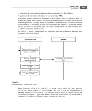 Spring Livre Page 215 Lundi, 15. juin 2009 5:57 17




                                                                                                          Spring MVC
                                                                                                           CHAPITRE 7
                                                                                                                           215

                           • génération de présentations fondées sur des templates (Velocity, FreeMarker) ;
                           • génération de présentations fondées sur les technologies XML.
                           Concernant les vues générant des documents et celles fondées sur les technologies XML, le
                           framework Spring MVC instancie les ressources représentant le document par le biais de
                           méthodes génériques. Il délègue ensuite les traitements à une méthode de la vue aﬁn de construire
                           le document ou de convertir le modèle dans une technologie donnée. Le framework reprend
                           ensuite en main ces traitements aﬁn d’exécuter éventuellement une transformation puis
                           d’écrire le résultat sur le ﬂux de sortie.
                           La ﬁgure 7-11 illustre l’enchaînement des traitements d’une vue générant un document avec
                           le support PDF de Spring MVC.


                                        AbstractPdfView                                     MyView




                                 Création du document PDF,
                                 initialisation du document en
                                      utilisant les API iText




                                      Appel de la méthode                           Construction du document
                                       buildPdfDocument                                       PDF


                                 Positionnement des en-têtes
                                            HTTP



                                  Ecriture du document sur le
                                          flux de sortie




               Figure 7-11
               Enchaînement des traitements de la vue

                           Dans l’exemple décrit à la ﬁgure 7-11, la classe MyView étend la classe abstraite
                           AbstractPdfView du package org.springframework.web.servlet.view aﬁn d’implémenter la
                           méthode abstraite buildPdfDocument. C’est pourquoi la classe MyView ne contient plus que les
                           traitements spéciﬁques à l’application pour la construction du document, son instanciation et
                           son renvoi au client étant encapsulés dans la classe AbstractPdfView.
 