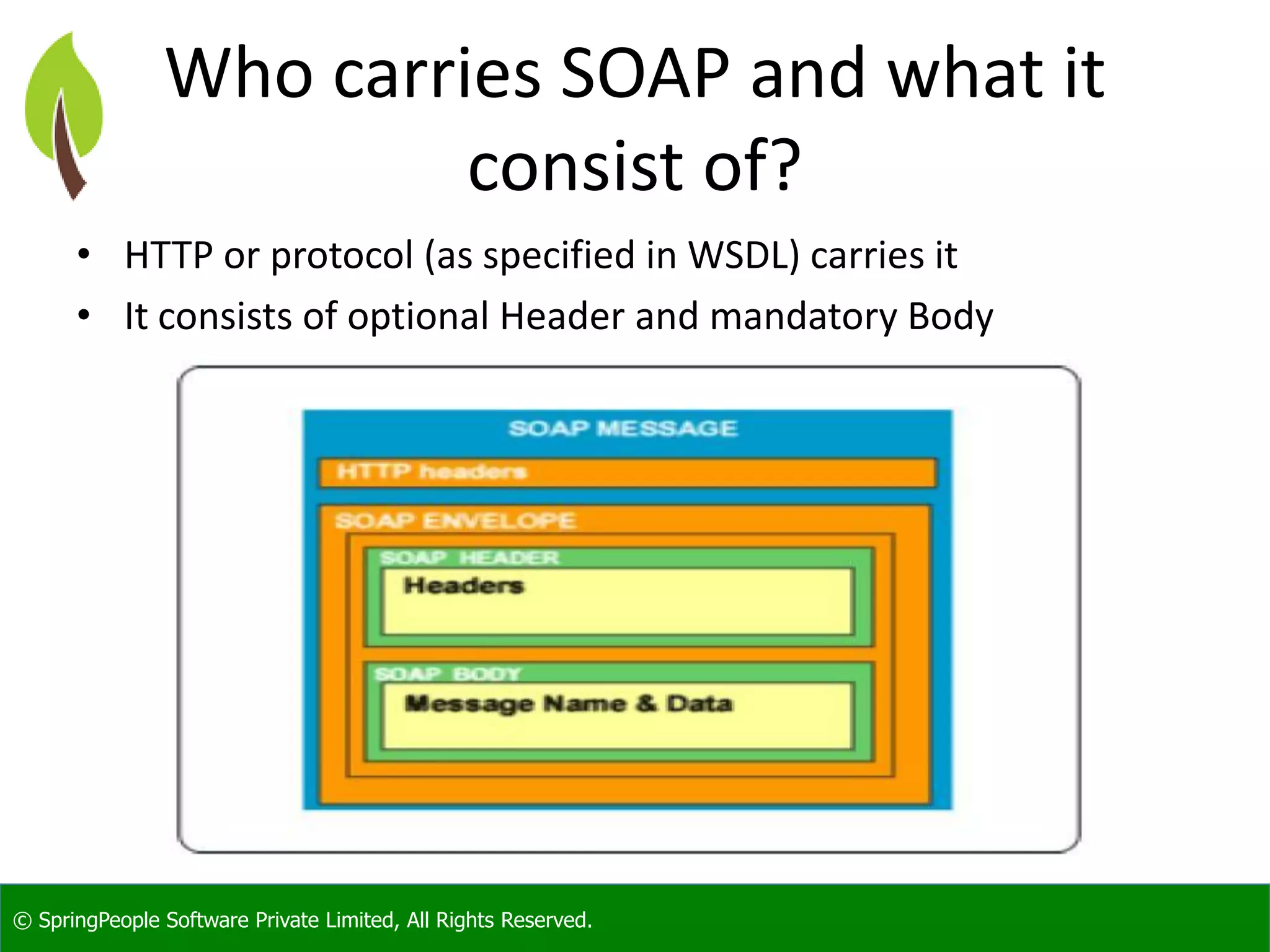 © SpringPeople Software Private Limited, All Rights Reserved. Who carries SOAP and what it consist of? • HTTP or protocol (as specified in WSDL) carries it • It consists of optional Header and mandatory Body 
