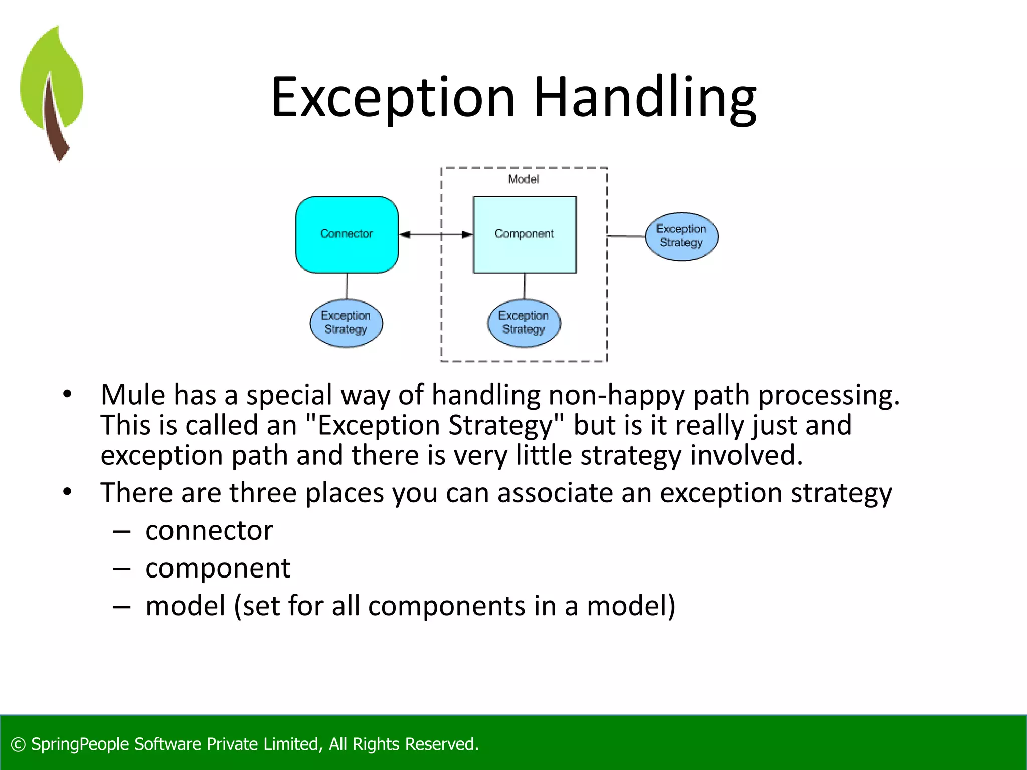 © SpringPeople Software Private Limited, All Rights Reserved.
Exception Handling
• Mule has a special way of handling non-happy path processing.
This is called an "Exception Strategy" but is it really just and
exception path and there is very little strategy involved.
• There are three places you can associate an exception strategy
– connector
– component
– model (set for all components in a model)
 