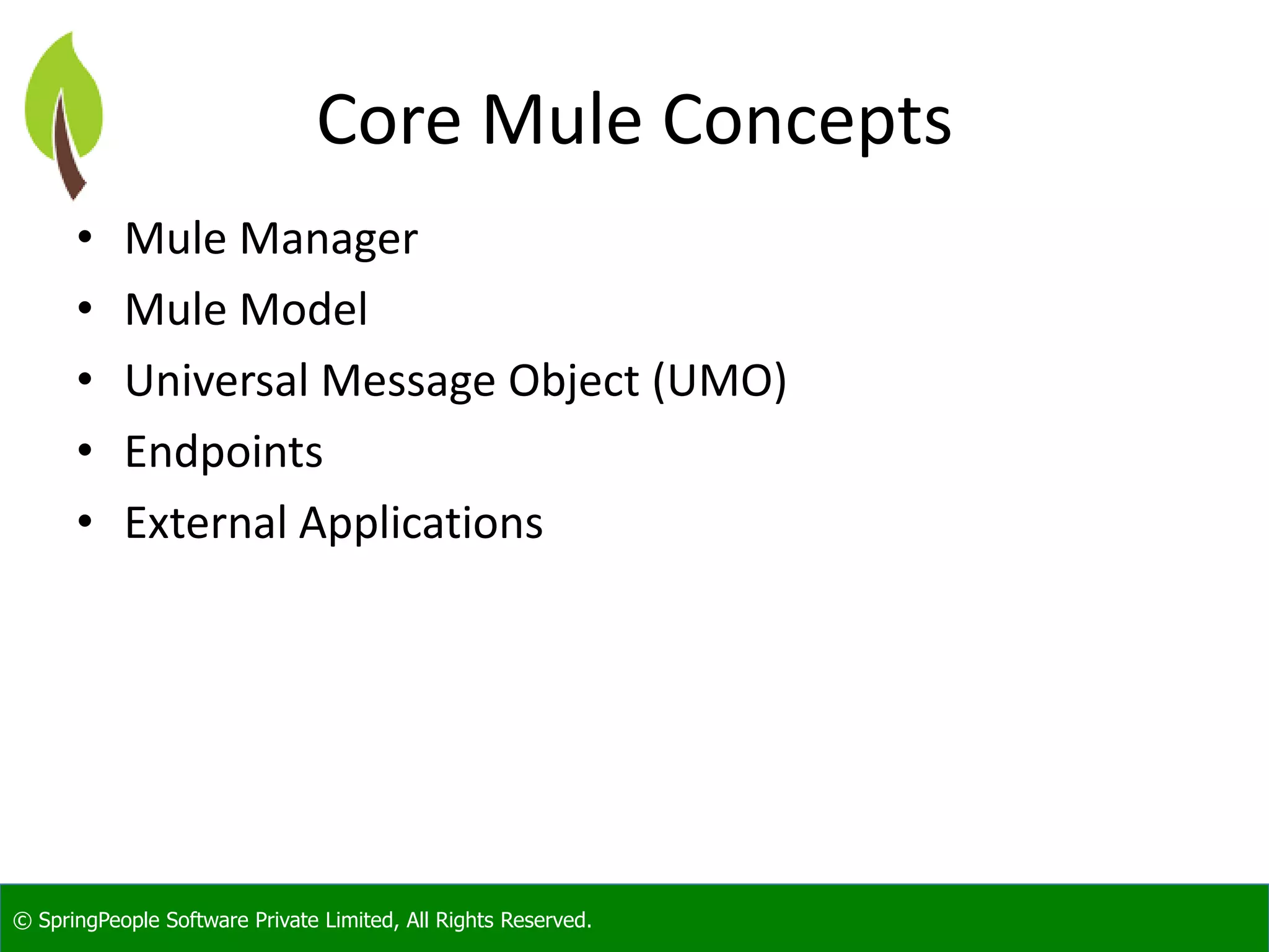 © SpringPeople Software Private Limited, All Rights Reserved.
Core Mule Concepts
• Mule Manager
• Mule Model
• Universal Message Object (UMO)
• Endpoints
• External Applications
 