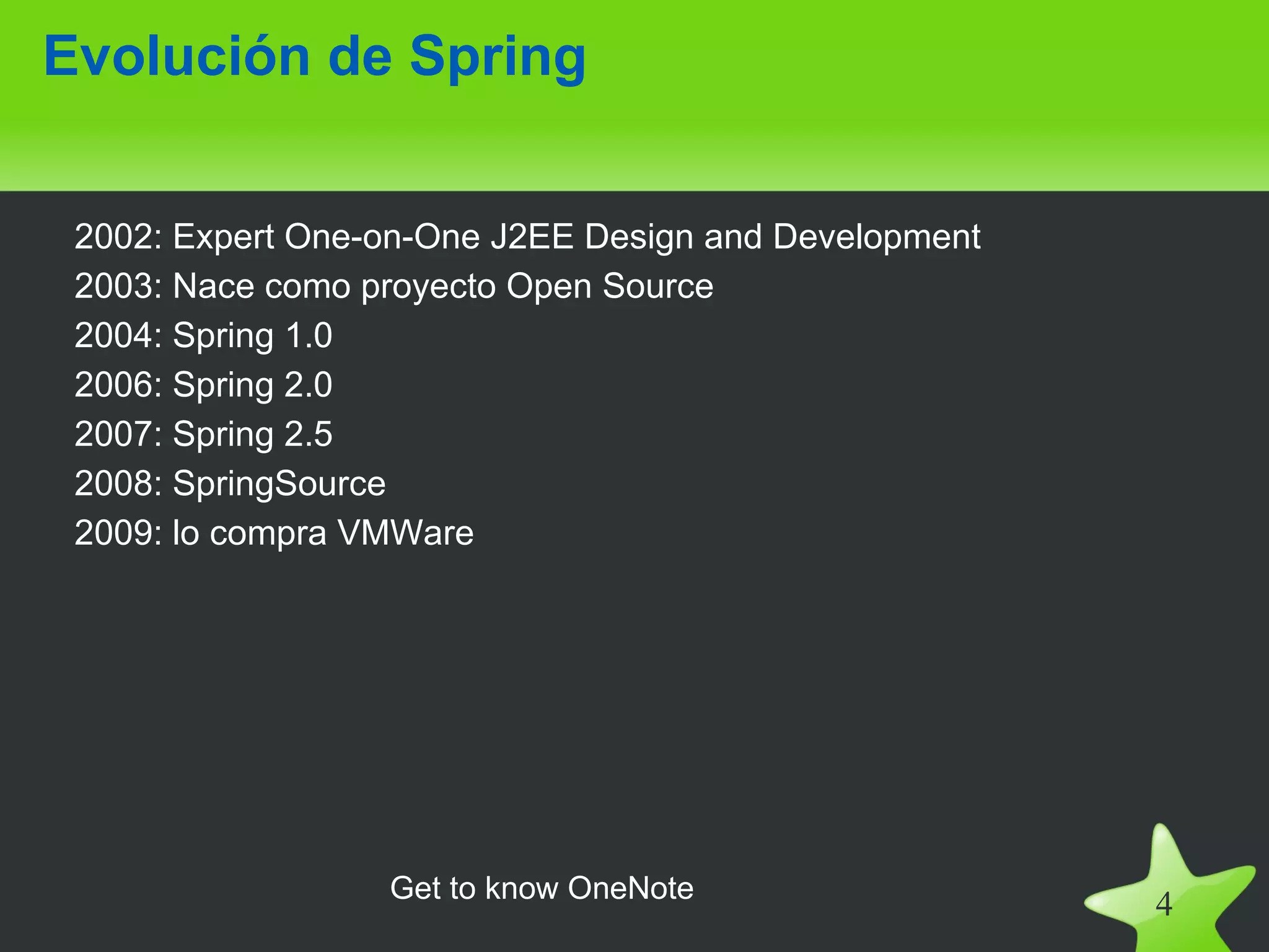 Evolución de Spring


 2002: Expert One-on-One J2EE Design and Development
 2003: Nace como proyecto Open Source
 2004: Spring 1.0
 2006: Spring 2.0
 2007: Spring 2.5
 2008: SpringSource
 2009: lo compra VMWare




                  Get to know OneNote
                                                       4
 