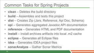 Common Tasks for Spring Projects
•        clean – Deletes the build directory
•        build – Assembles and tests this project
•        dist – Creates Zip (Jars, Reference, Api Doc, Schema)
•        api – Generates aggregated Javadoc API documentation
•        reference – Generates HTML and PDF documentation
•        install – Install archives artifacts into local .m2 cache
•        eclipse – Generates all Eclipse files
•        idea – Generates IDEA project files
•        sonarAnalyze – Gather Sonar Metrics
    15
 