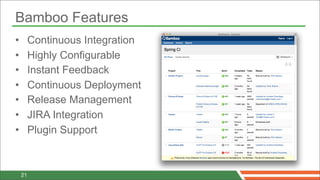 Bamboo Features
•        Continuous Integration
•        Highly Configurable
•        Instant Feedback
•        Continuous Deployment
•        Release Management
•        JIRA Integration
•        Plugin Support



    21
 