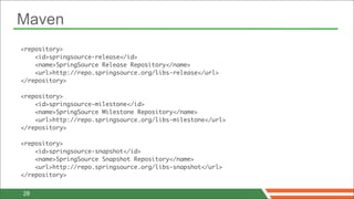 Maven
<repository>
    <id>springsource-release</id>
    <name>SpringSource Release Repository</name>
    <url>http://repo.springsource.org/libs-release</url>
</repository>

<repository>
    <id>springsource-milestone</id>
    <name>SpringSource Milestone Repository</name>
    <url>http://repo.springsource.org/libs-milestone</url>
</repository>

<repository>
    <id>springsource-snapshot</id>
    <name>SpringSource Snapshot Repository</name>
    <url>http://repo.springsource.org/libs-snapshot</url>
</repository>


28
 