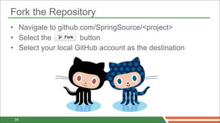 Fork the Repository
• Navigate to github.com/SpringSource/<project>
• Select the         button
• Select your local GitHub account as the destination




 34
 