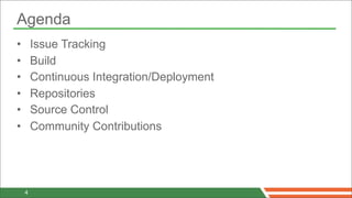 Agenda
•       Issue Tracking
•       Build
•       Continuous Integration/Deployment
•       Repositories
•       Source Control
•       Community Contributions




    4
 