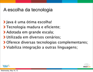 A escolha da tecnologia

      Java é uma ótima escolha!
      Tecnologia madura e eficiente;
      Adotada em grande escala;
      Utilizada em diversos cenários;
      Oferece diversas tecnologias complementares;
      Viabiliza integração a outras linguagens;




                                       Globalcode	
  –	
  Open4education
Wednesday, May 16, 12
 