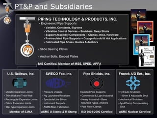 PT&P and Subsidiaries
U.S. Bellows, Inc.
 Metallic Expansion Joints
 Thin-Wall and Thick-Wall
 Rectangular Expansion Joints
 Fabric Expansion Joints
 Slip-Type Expansion Joints
PIPING TECHNOLOGY & PRODUCTS, INC.
- Engineered Pipe Supports
- Variable, Constants, Big-tons
- Vibration Control Devices – Snubbers, Sway Struts
- Support Assembly Components – Clamps, misc. Hardware
- Pre-insulated Pipe Supports – Cryogenic/cold & Hot Applications
- Fabricated Pipe Shoes, Guides & Anchors
- Slide Bearing Plates
- Anchor Bolts, Embed Plates
IAS Certified, Member of MSS, SPED, APFA
Member of EJMA
SWECO Fab, Inc.
 Pressure Vessels
 Pig Launchers/Receivers
 Spectacle/Line Blinds
 Instrument Supports
 ASME/Misc. Fabrication
ASME U-Stamp & R-Stamp
Pipe Shields, Inc.
Insulated Pipe Supports
 Commercial & Light Industrial
 Heavy Industrial – Base
Mounted Types, Anchors
 Pipe Riser Clamps
ISO 9001-2000 Certified
Fronek A/D Ent., Inc.
 Hydraulic Snubbers
- Short & Adjustable Strut
 Mechanical Snubbers
 dynA/Damp Compensating
Strut
ASME Nuclear Certified
 